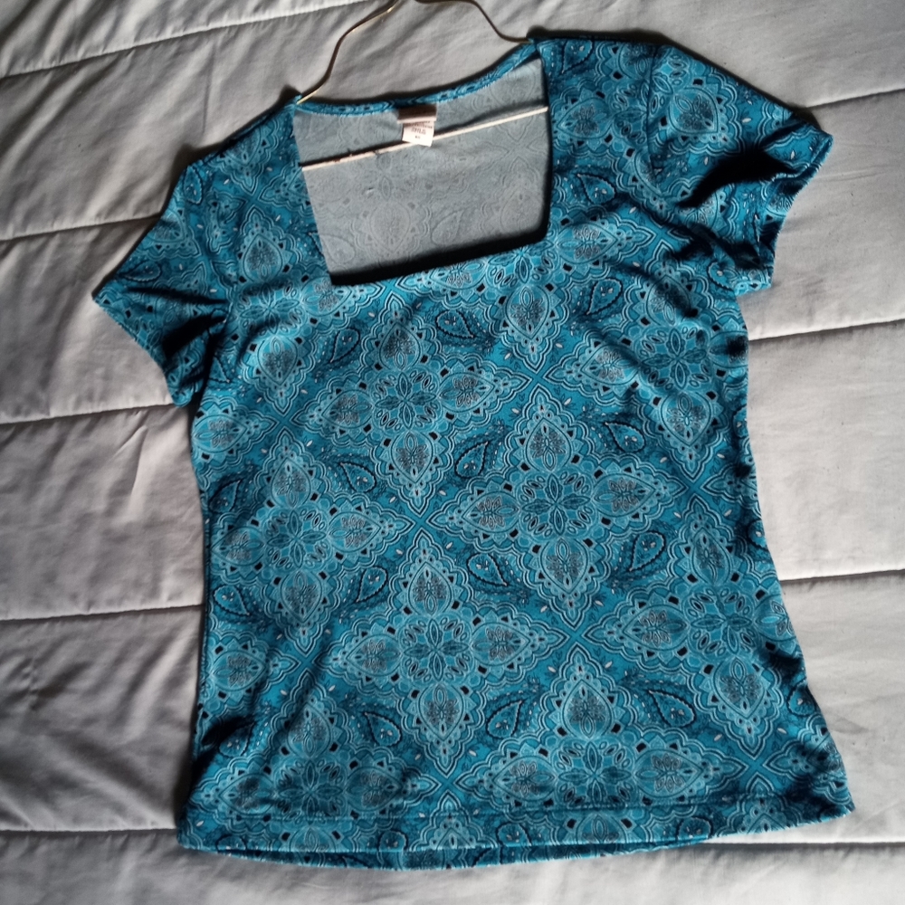 Paisley teal square neck dress blouse